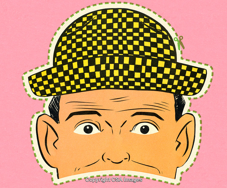 Retro Illustration of Cut-Out Character with Checkered Hat and Pink Background