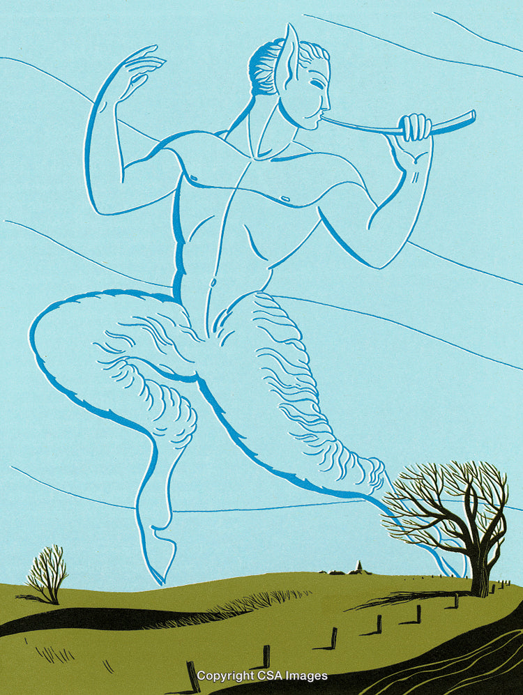 Mythical Satyr Playing a Flute in a Scenic Countryside Setting