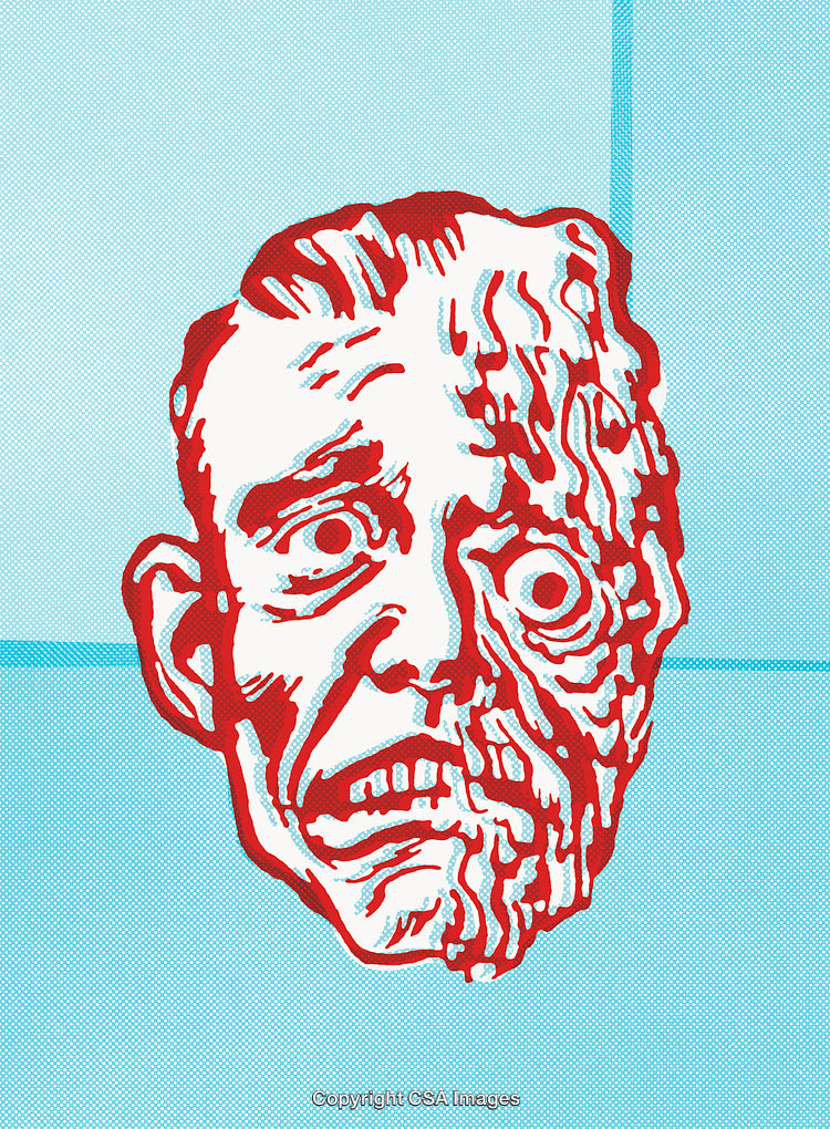 Abstract Red and White Distorted Face Illustration on Blue Background