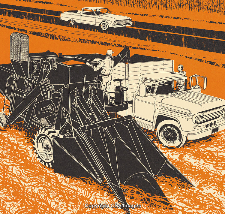Vintage Agricultural Illustration of Farming Equipment and Classic Vehicles
