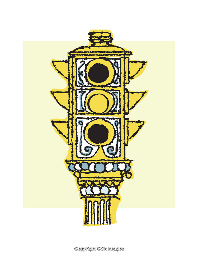 Whimsical Yellow Traffic Light With Ornate Artistic Design and Bold Shapes