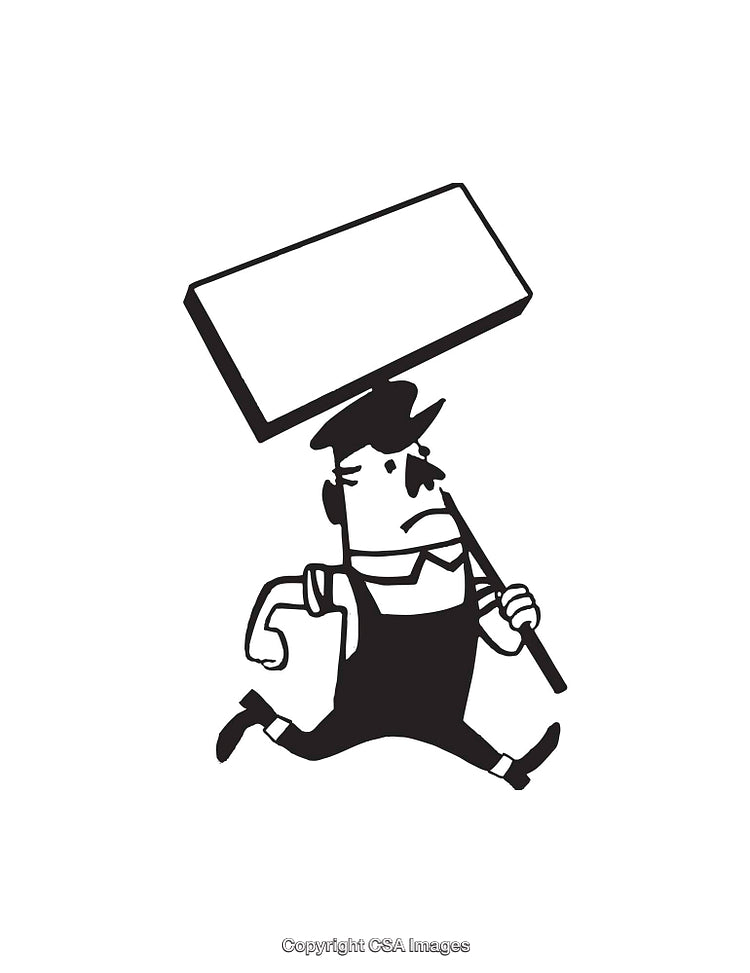 Black and White Line Art of a Worker Holding a Blank Sign