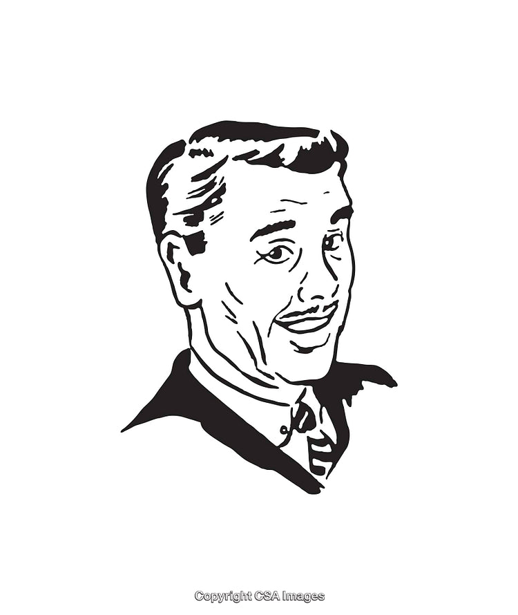 Black and White Retro Line Art of a Smiling Man
