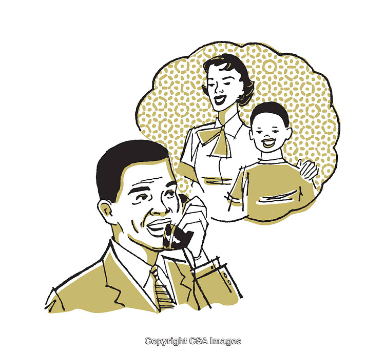 Retro Illustration of a Man Making a Call and Dreaming of Family