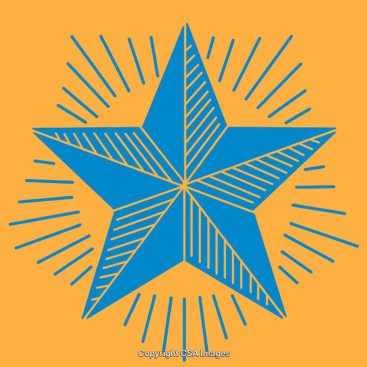 Blue Geometric Star Illustration with Radiant Lines on Orange Background