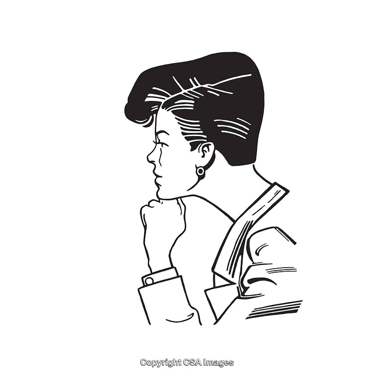 Black and White Line Art Illustration of a Thoughtful Woman's Silhouette