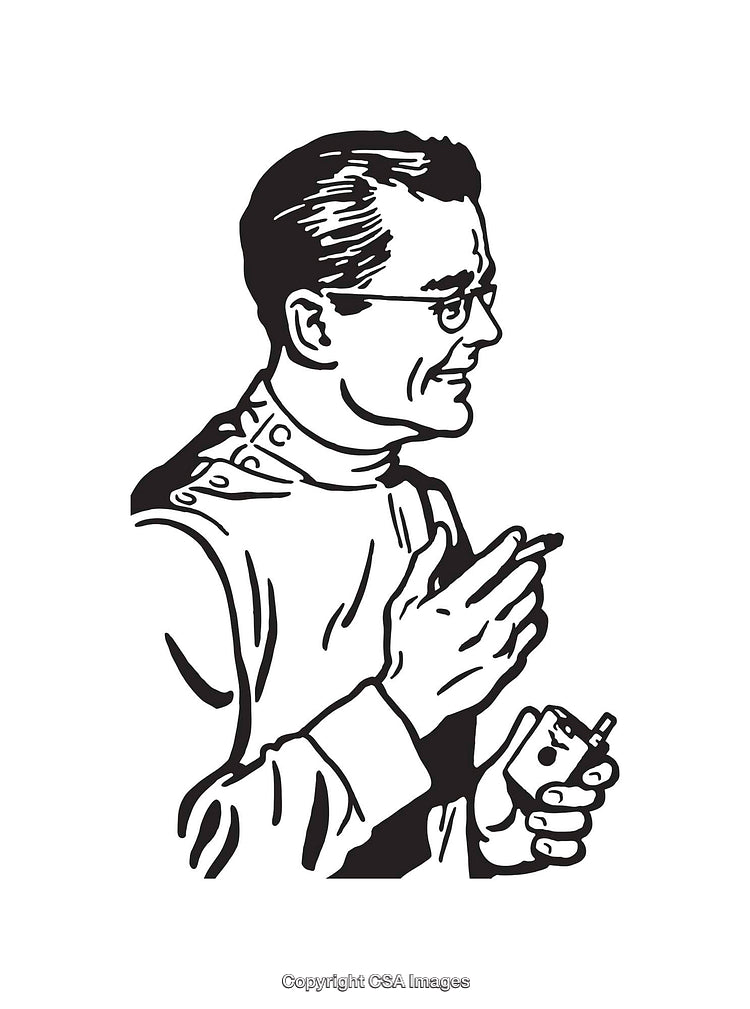 Black and White Line Art of a Man Holding a Device