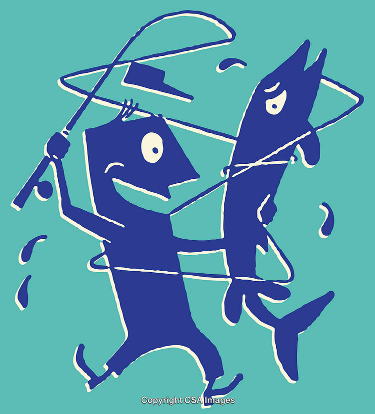 Fisherman Wrangling a Big Fish in Blue Graphic Line Art Style