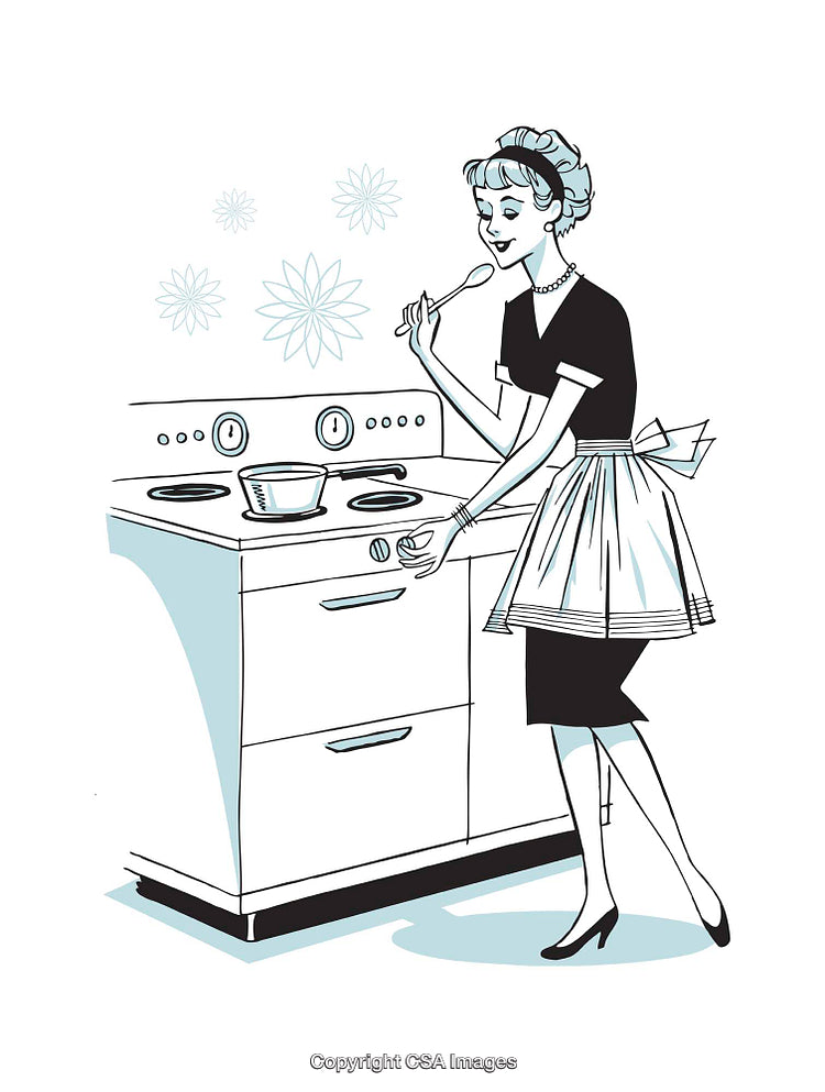 Retro Illustration of Woman Cooking with Stylish Kitchen Stove and Vintage Attire