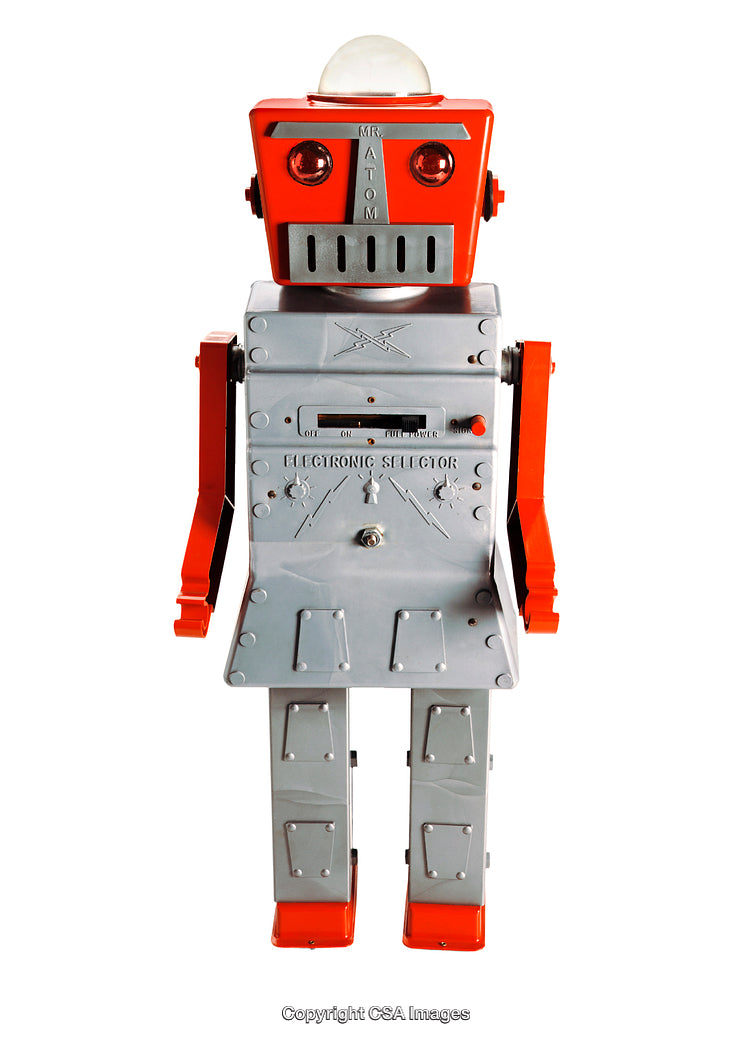 Retro Styled Toy Robot in Vibrant Red and Silver Design