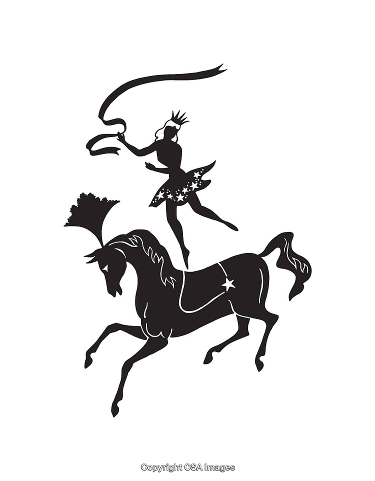 Elegant Silhouette of Fairy Dancing on Horse in Black and White Art