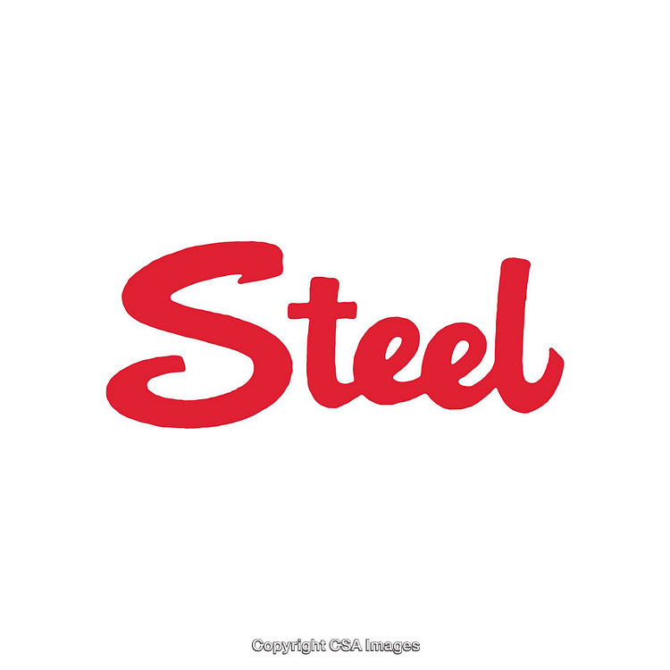 Bold Red Steel Word in Stylized Typeface on White Background
