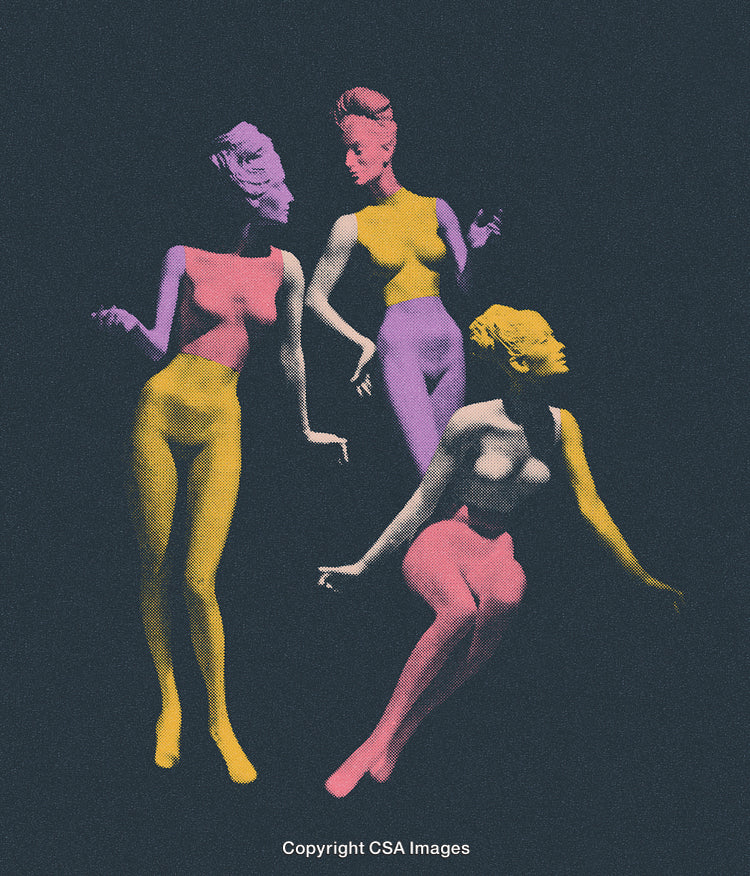 Stylized Retro Illustration of Elegantly Posed Figures in Vibrant Colors