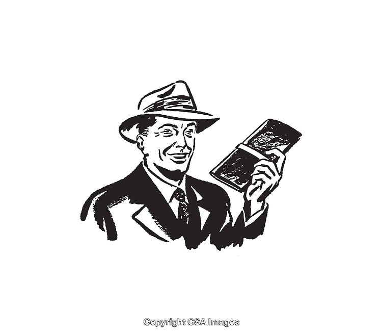 Retro Line Art of Smiling Man in Suit Holding a Book