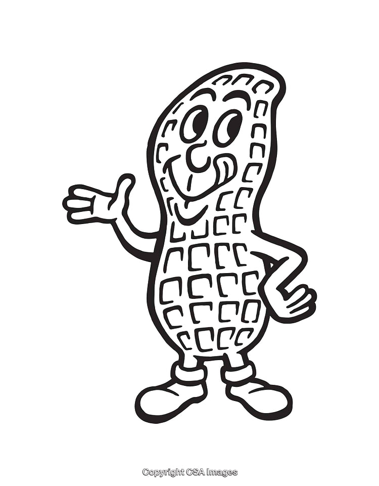 Black and White Illustration of Smiling Peanut Cartoon Character