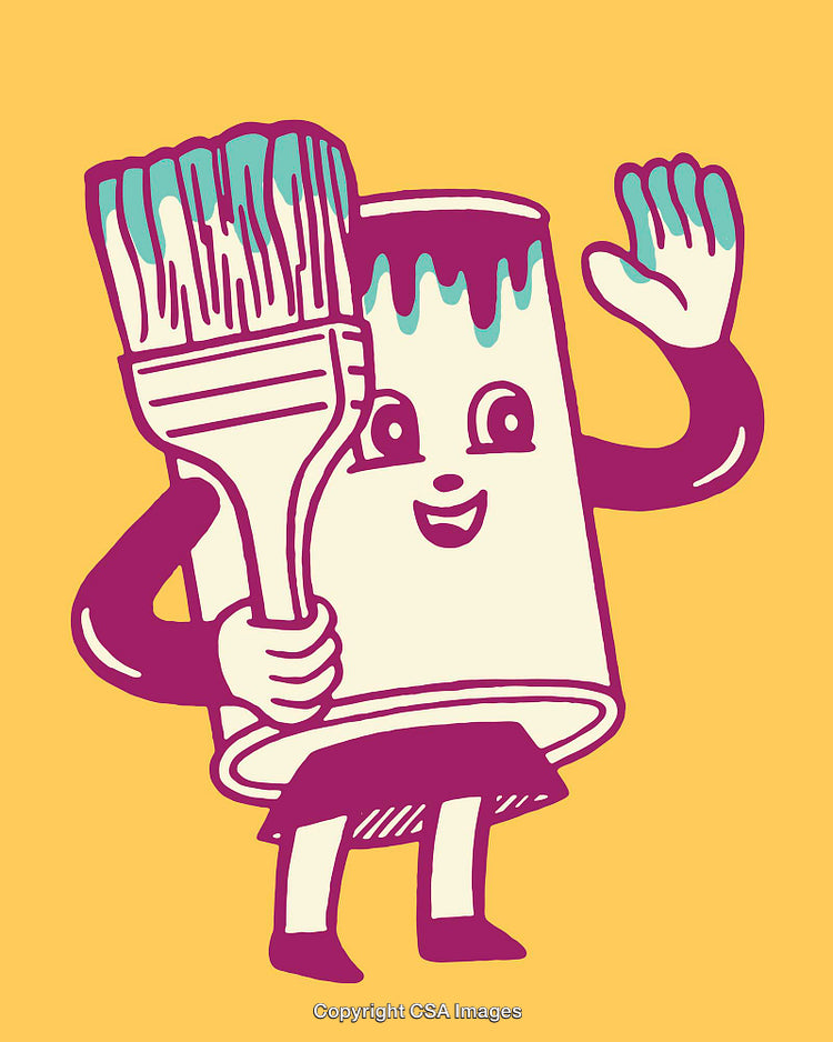 Cheerful Paint Can Character Holding Brush in Colorful Line Art Style