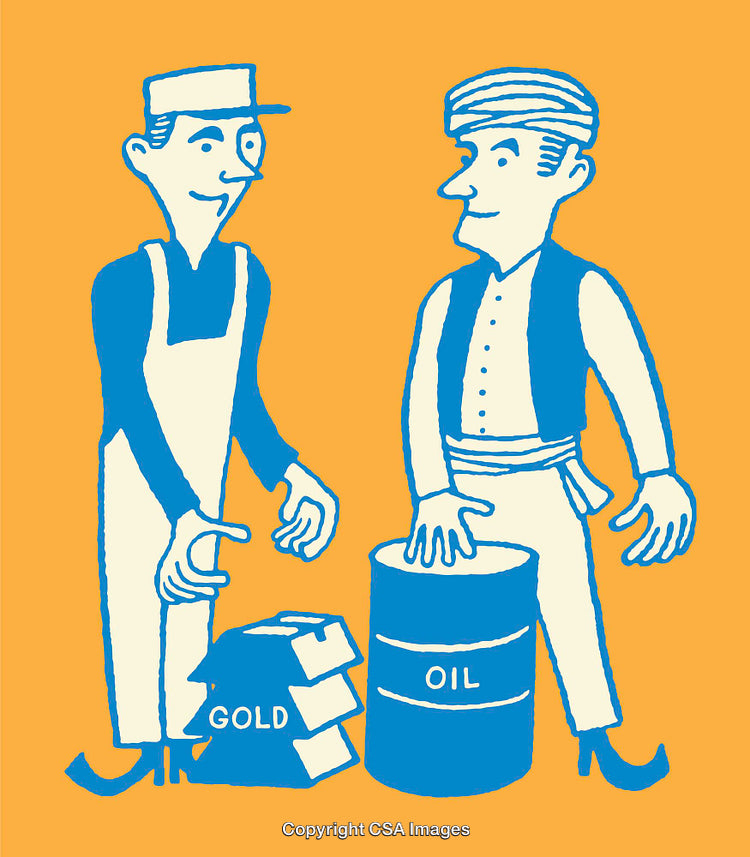 Blue Line Art of Two Traders with Gold and Oil on Yellow