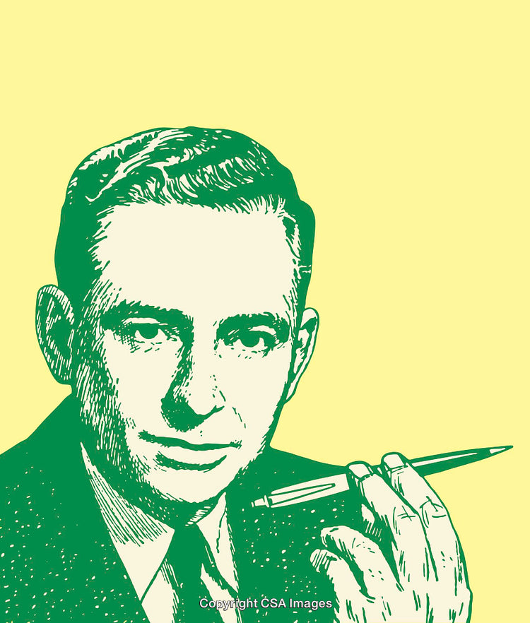 Retro Line Art Illustration of a Man Holding a Pen in Hand