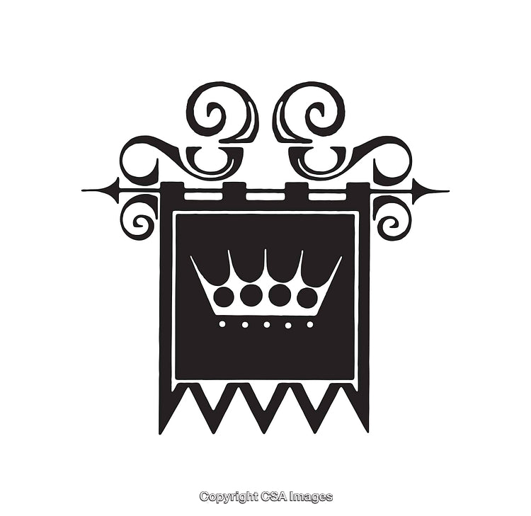 Elegant Heraldic Crest Featuring Crown and Ornamental Designs in Black and White