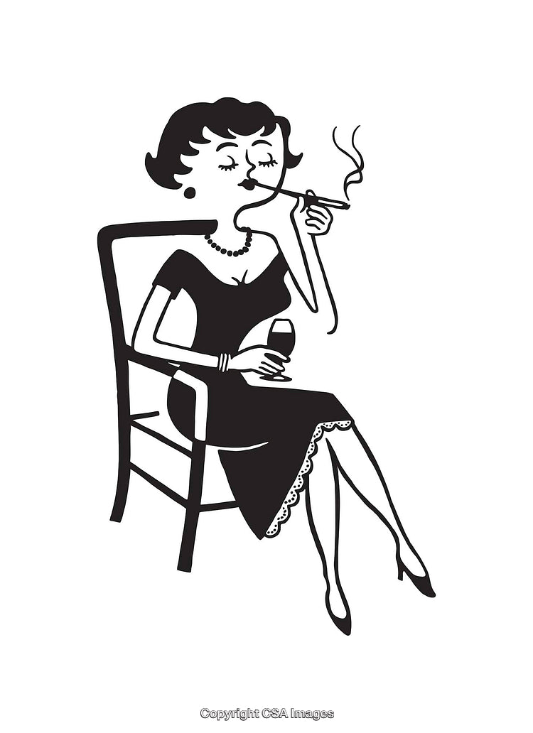 Retro Styled Woman Relaxing with a Cigarette and Glass of Wine