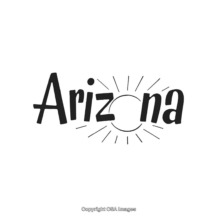 Stylized Arizona Design With Sunburst Elements Highlighting Vacation and Desert Theme