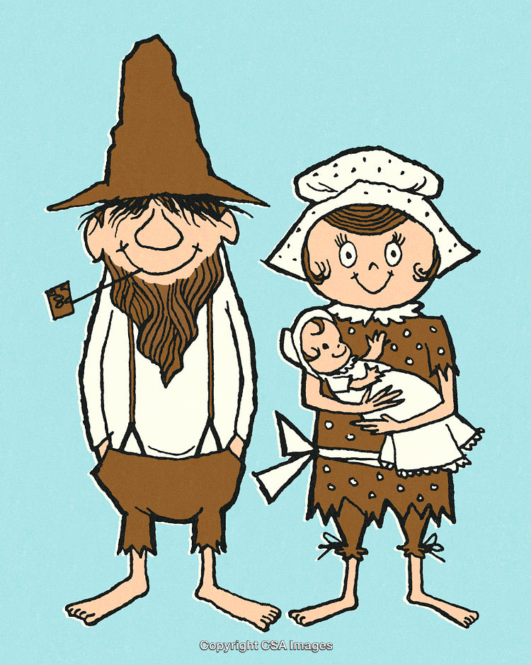 Whimsical Illustration of a Folklore Family with Their Newborn Child