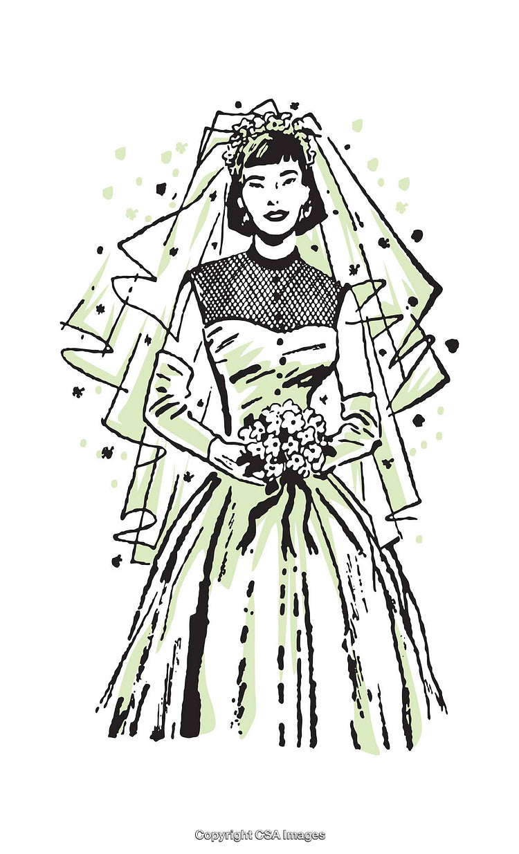Illustrated Vintage Bride in Elegant Gown with Veil and Bouquet