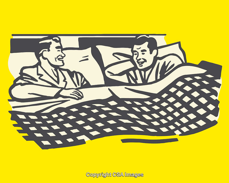 Retro Line Art Illustration of Two Smiling Men in Bed