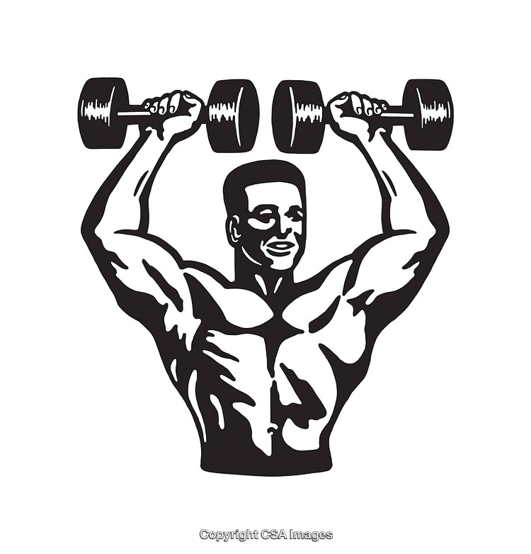Black and White Illustration of a Fit Man Lifting Dumbbells for Exercise