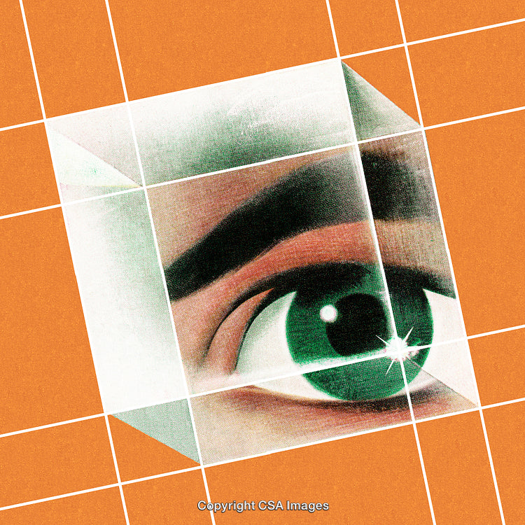 Abstract Representation of a Green Eye with Geometric Grid Background