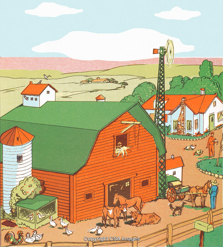 Illustrated Farmyard Scene with Animals, Barn, and Quiet Countryside Surroundings