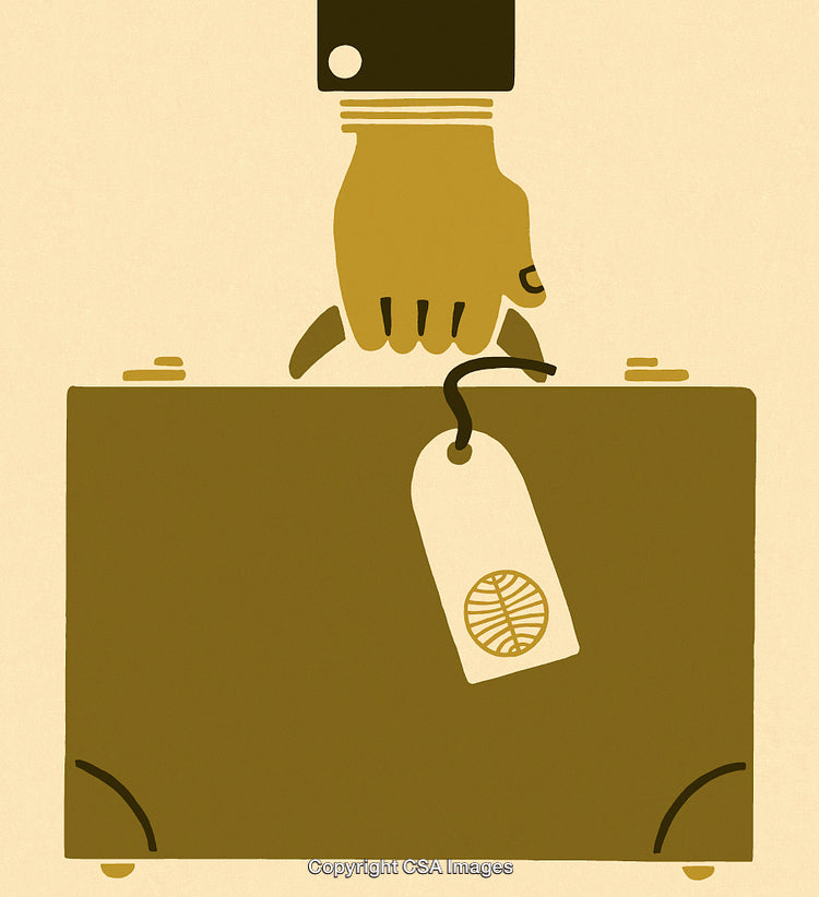 Minimalist Illustration of a Hand Holding a Brown Suitcase with Luggage Tag