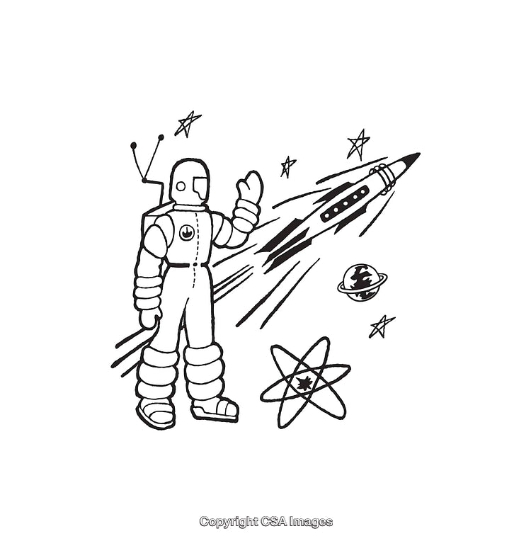 Black and White Space Illustration Featuring an Astronaut and Rocket