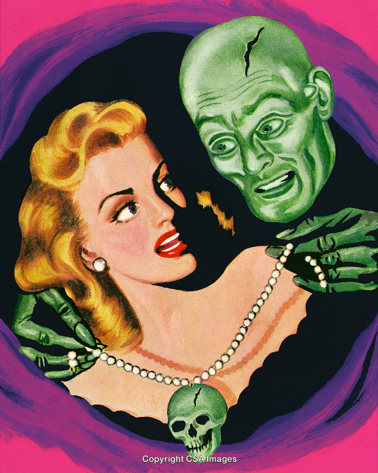 Vintage Horror Artwork Depicting a Woman Confronted by a Green Monster