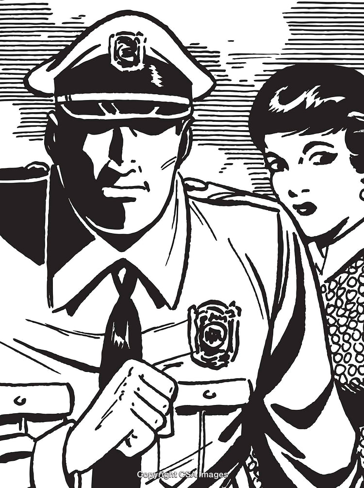Black and White Illustration of a Policeman With Woman in Retro Style