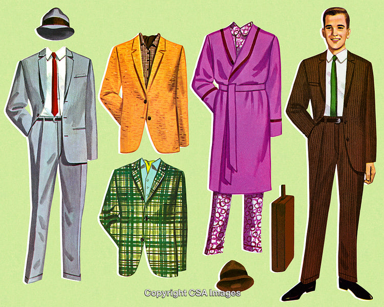 Vintage Male Paper Doll with Colorful Outfits and Accessories on Green Background