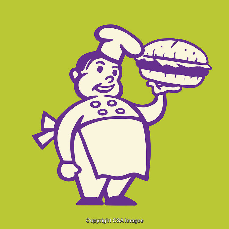 Retro Styled Chef Illustration Holding a Sandwich on Green Background