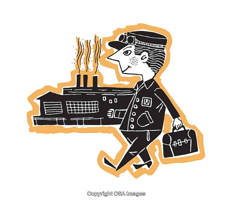 Illustration of a Worker Heading to a Factory with a Toolbox