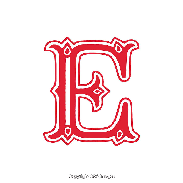 Decorative Red Letter E with Ornate Design on White Background