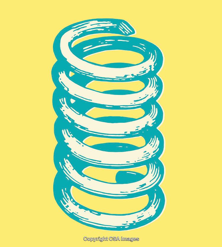 Blue Helical Spring Artwork on Yellow Background Showcasing Linear Illustration Style