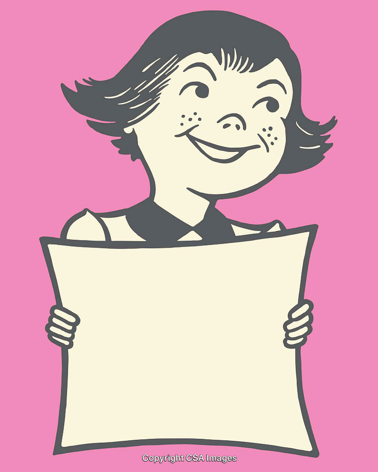 Playful Retro Illustration of Smiling Child Holding a Blank Sign