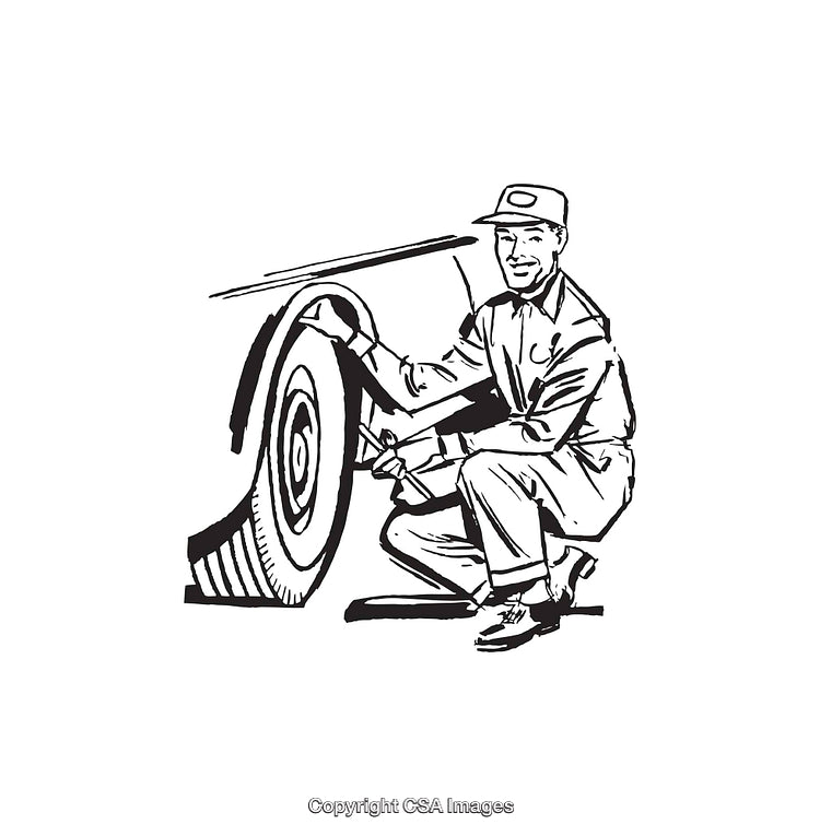 Black and White Line Art of Mechanic Fixing Vehicle Tire