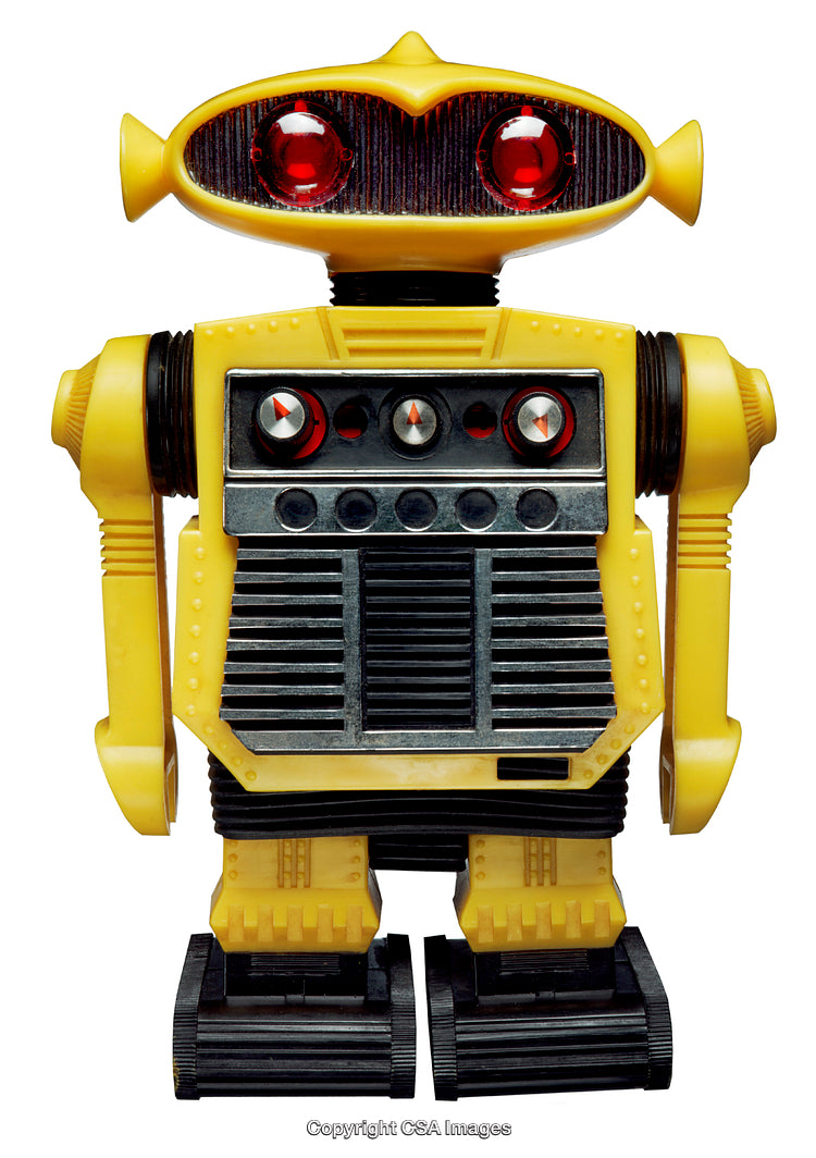Bright Yellow Retro Robot with Red Eyes and Unique Design