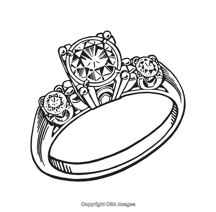 Elegant Black and White Line Art Illustration of a Diamond Ring