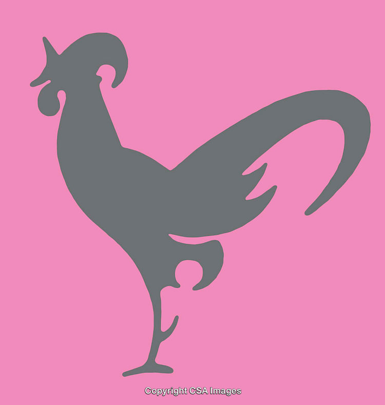 Silhouette of a Rooster in Gray on a Pink Background Design