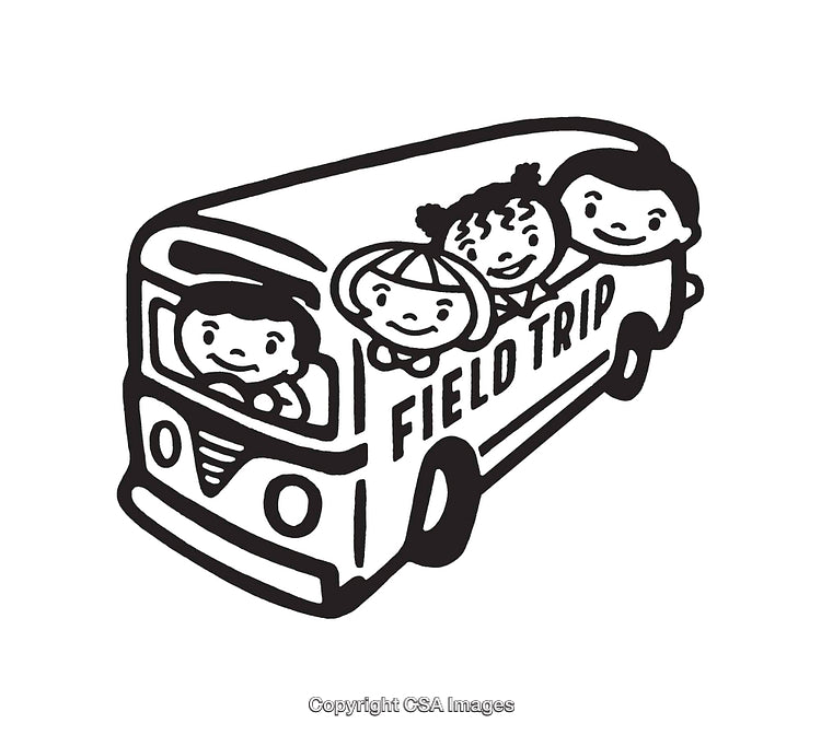 Black and White Illustration of Kids on a School Field Trip Bus