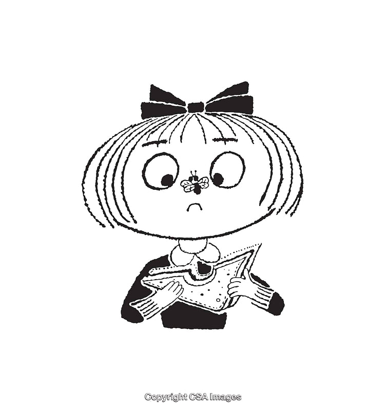 Black and White Line Art of Girl with Sandwich and Humorous Expression