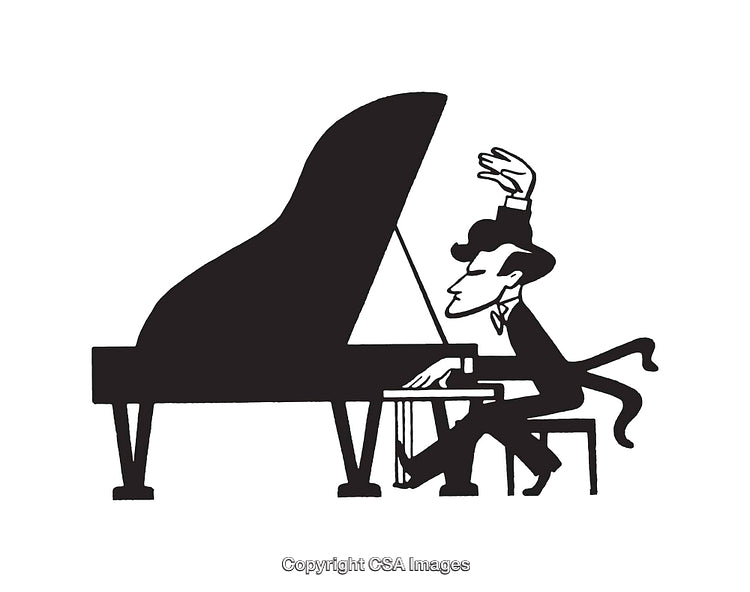 Black and White Line Art of a Pianist Playing a Grand Piano