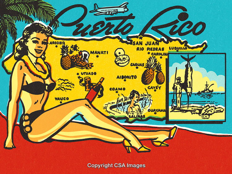 Vintage Puerto Rico Tourism Poster Featuring Map and Tropical Motifs