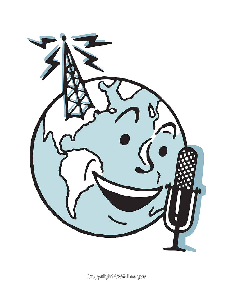 Illustrated Globe Broadcasting With Tower and Vintage Microphone